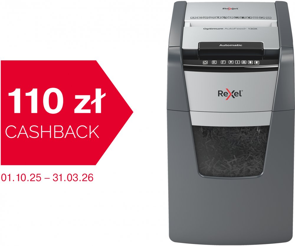 Niszczarka do papieru automatyczna Rexel Optimum AutoFeed+ 130X, konfetti 4x28 mm, 130 kartek, P-4 DIN, czarno-srebrny