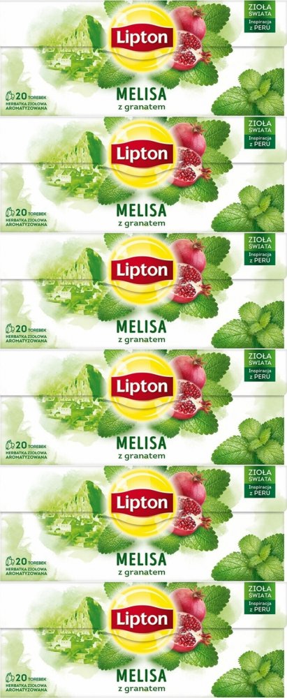 6x Herbata ziołowa w torebkach Lipton, melisa z granatem, 20 sztuk x 1.2g