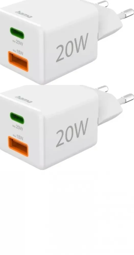 2x Ładowarka do telefonu Hama Mini, Power Delivery Quick Charge, USB-C/USB-A, 20W, biały