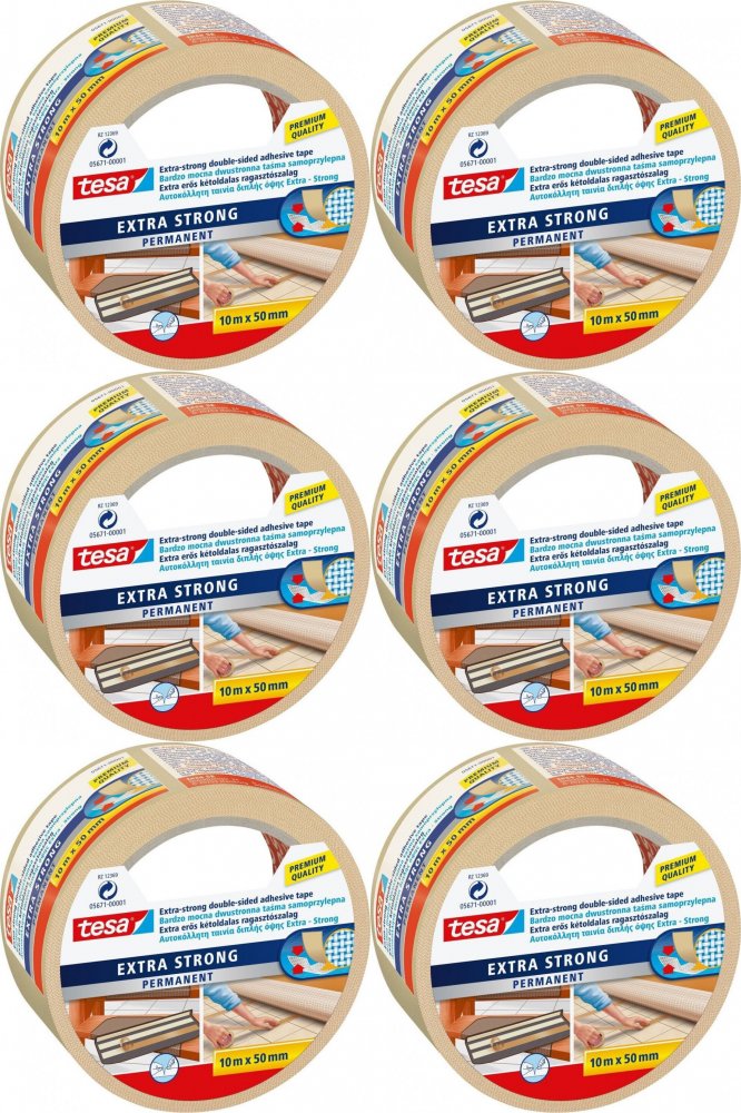 6x Taśma dwustronna Tesa Extra Strong, do wykładzin, 10m x 50mm, biały