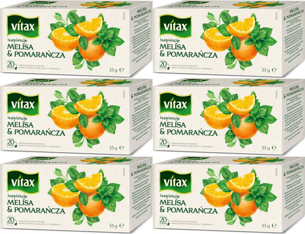 6x Herbata owocowa w torebkach Vitax Inspirations, melisa i pomarańcza, 20 sztuk x 1.65g