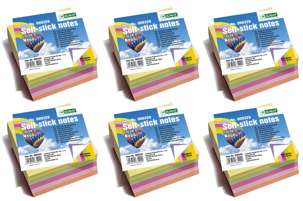 6x Karteczki samoprzylepne D.Rect, 76x76mm, 400 karteczek, mix kolorów neonowych