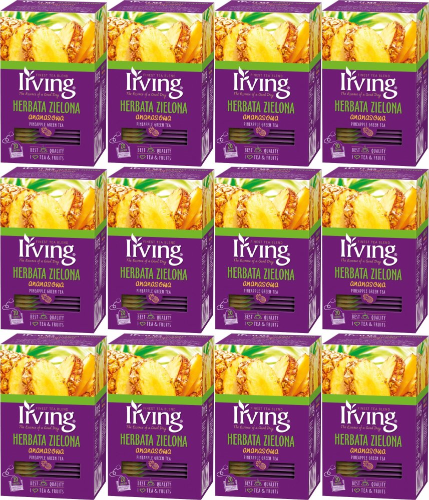 12x Herbata zielona smakowa w kopertach Irving, ananasowa, 20 sztuk x 1.5g
