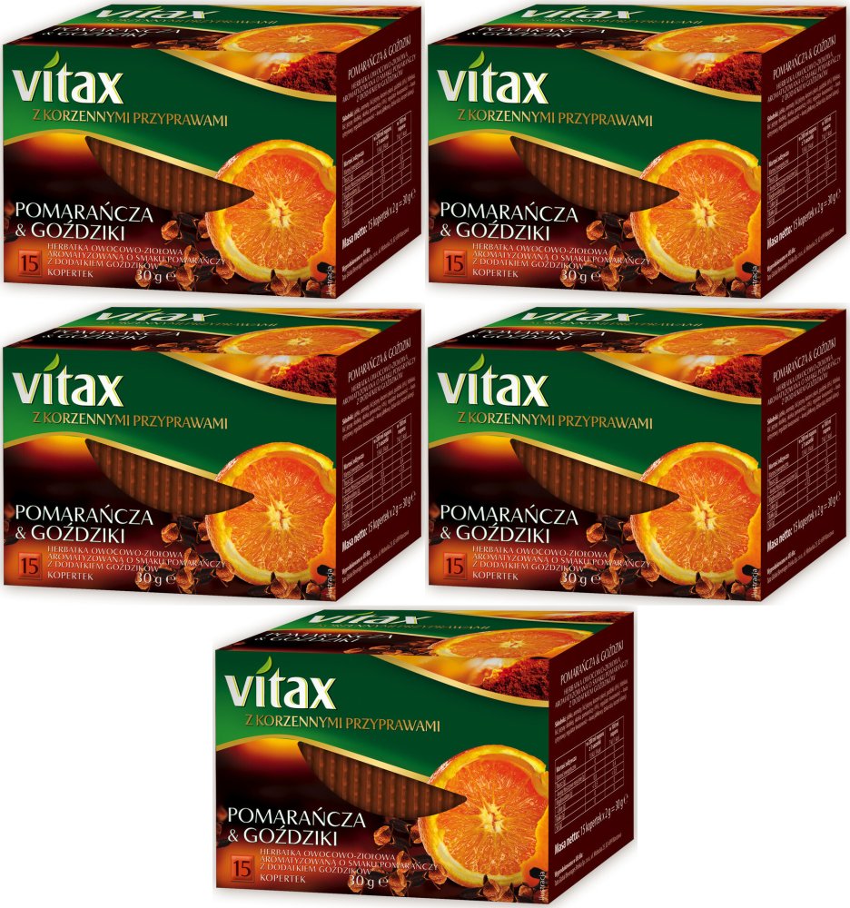 5x Herbata owocowo-ziołowa w kopertach Vitax z korzennymi przyprawami, pomarańcza i goździki, 15 sztuk x 2g
