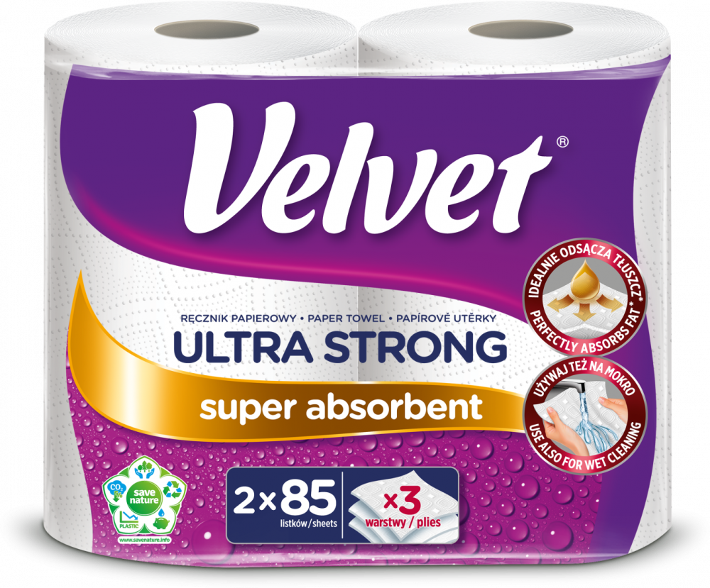 Ręcznik papierowy Velvet Ultra Strong, 3-warstwowy, w roli, 2 rolki, biały