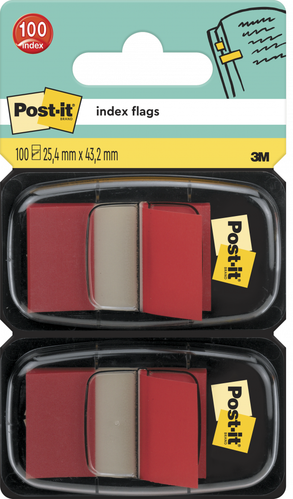Zakładki samoprzylepne Post-it proste, indeksujące, folia, półtransparentne, 25x43mm, 2x50 sztuk, czerwony