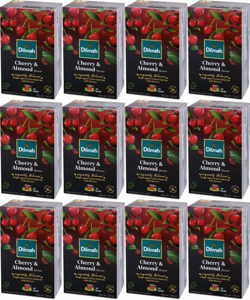 12x Herbata czarna aromatyzowana w torebkach Dilmah Cherry&Almond, wiśnia i migdał, 20 sztuk x 1.5g