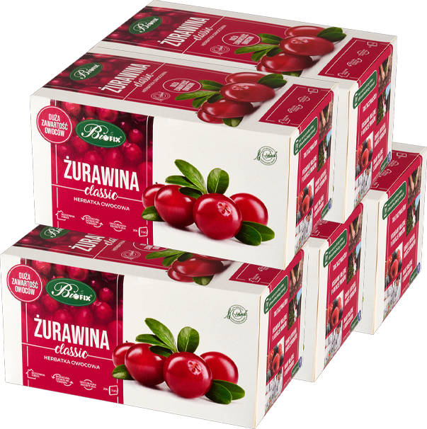 5x herbata owocowa w torebkach BiFix Classic, żurawina, 20 sztuk x 2.5g