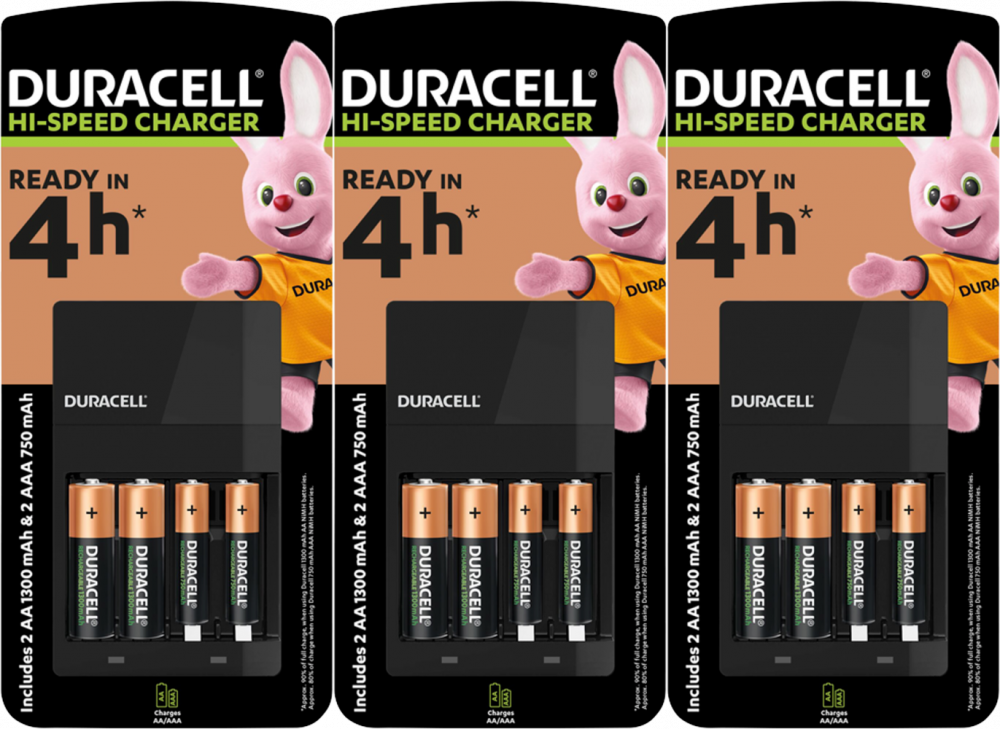3x Ładowarka Duracell Hi-Speed Charger CEF14 + 2 AA R6 + 2 AAA, 4 kanały, czarny