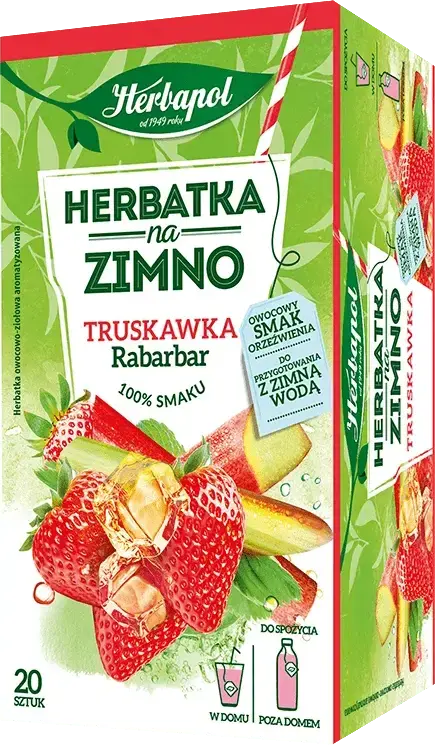 Outlet: USZKODZONE OPAKOWANIE Herbata owocowo-ziołowa w kopertach Herbapol, na zimno, truskawka i rabarbar, 20 sztuk x 1.8g