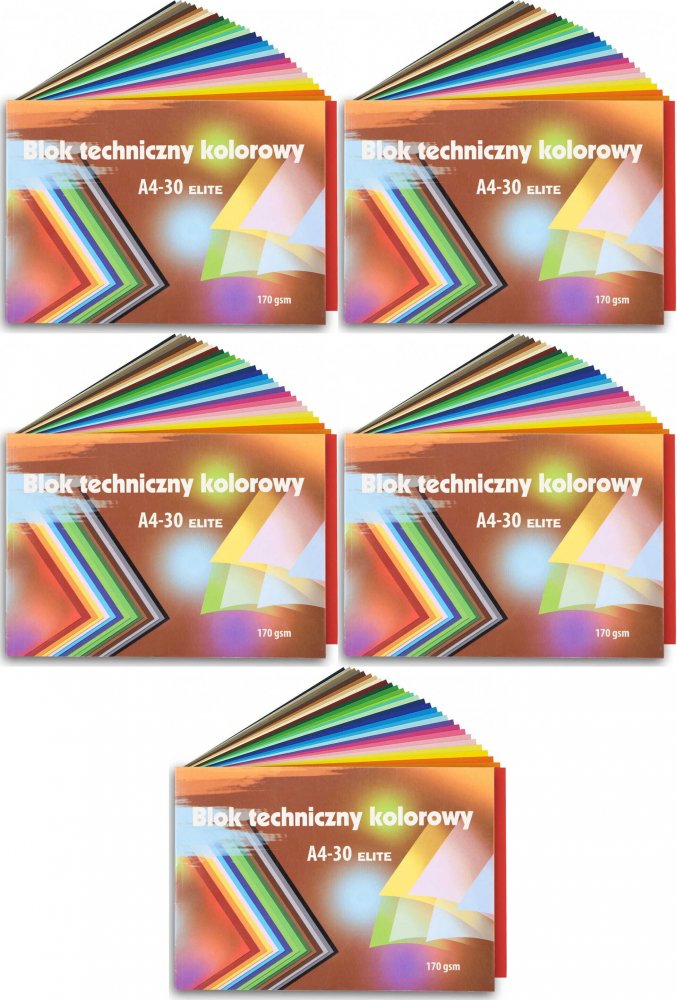 5x Blok techniczny kolorowy Kreska ELITE A4, 170g/m2, 30 kartek, kolorowy