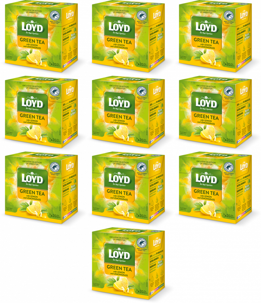10x Herbata zielona smakowa w piramidkach Loyd, trawa cytrynowa/cytryna, 20 sztuk x 1.5g