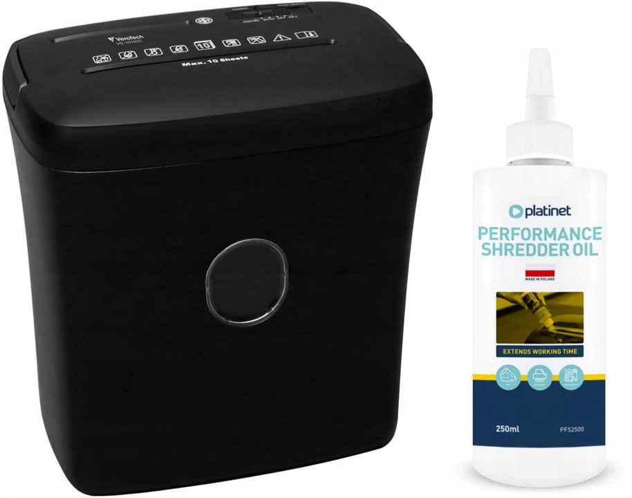 Zestaw Niszczarka VeroTech VS-1010CC, ścinek 4x35mm, 10 kartek, P-4/O-1/T-4/E-3/F-1 DIN, czarny + Olej do niszczarek Platinet PFS2500, 250ml