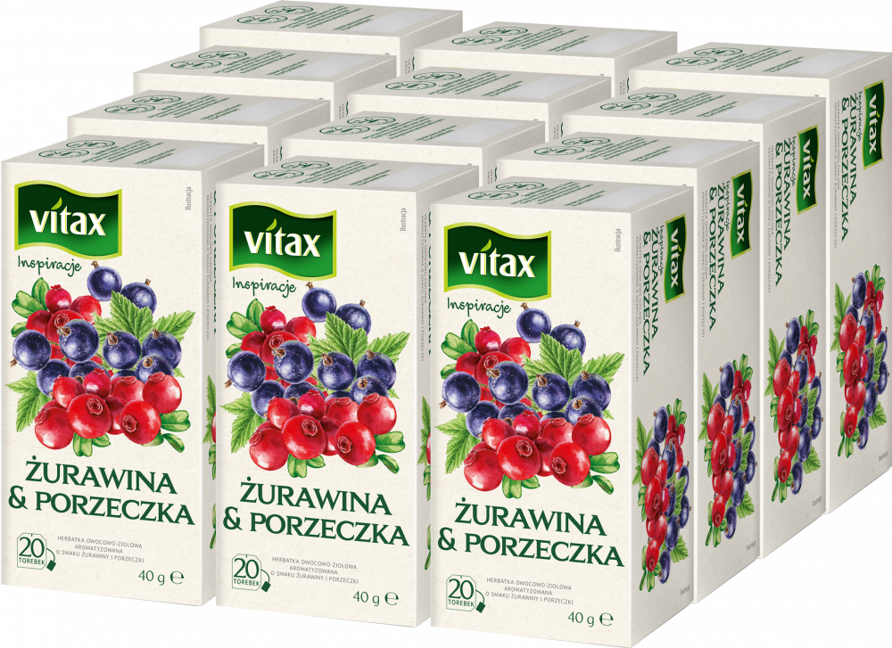 12x Herbata owocowa w torebkach Vitax Inspirations, żurawina i porzeczka, 20 sztuk x 2g