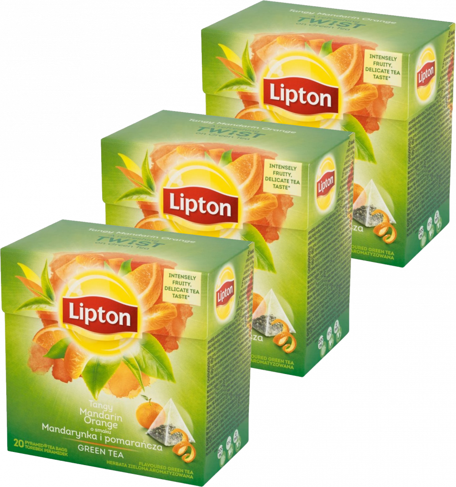 3x Herbata zielona smakowa w piramidkach Lipton Green Tea, mandarynka z pomarańczą, 20 sztuk x 1.2g