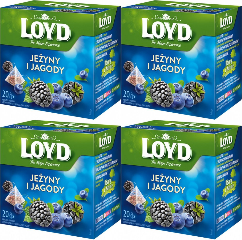 4x Herbata owocowa w piramidkach Loyd Jeżyny i Jagody, 20 sztuk x 2g
