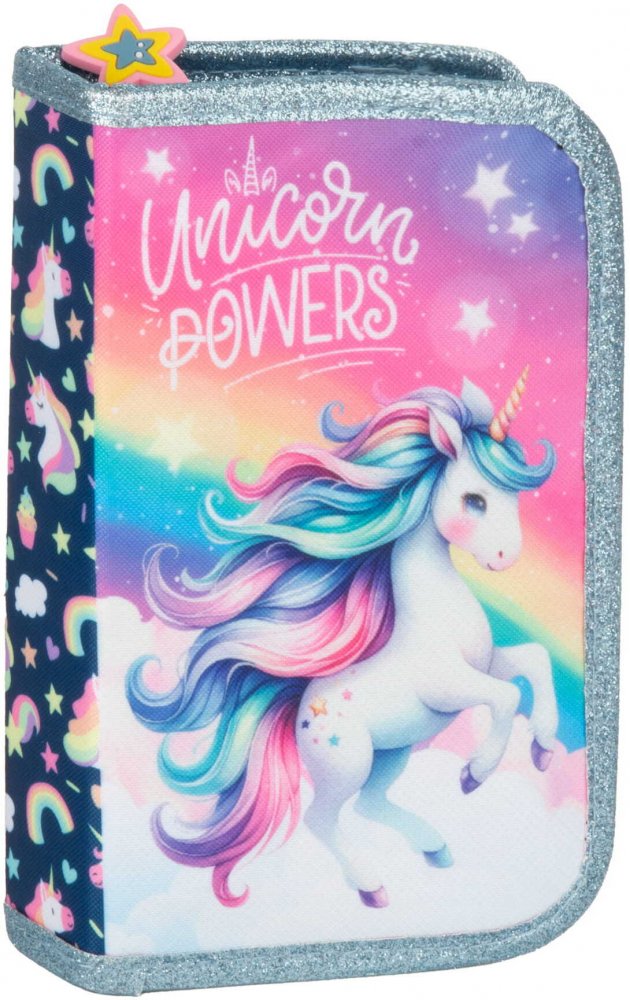 Piórnik szkolny Derform Jednorożec 16, 1-komorowy, z wyposażeniem, granatowy