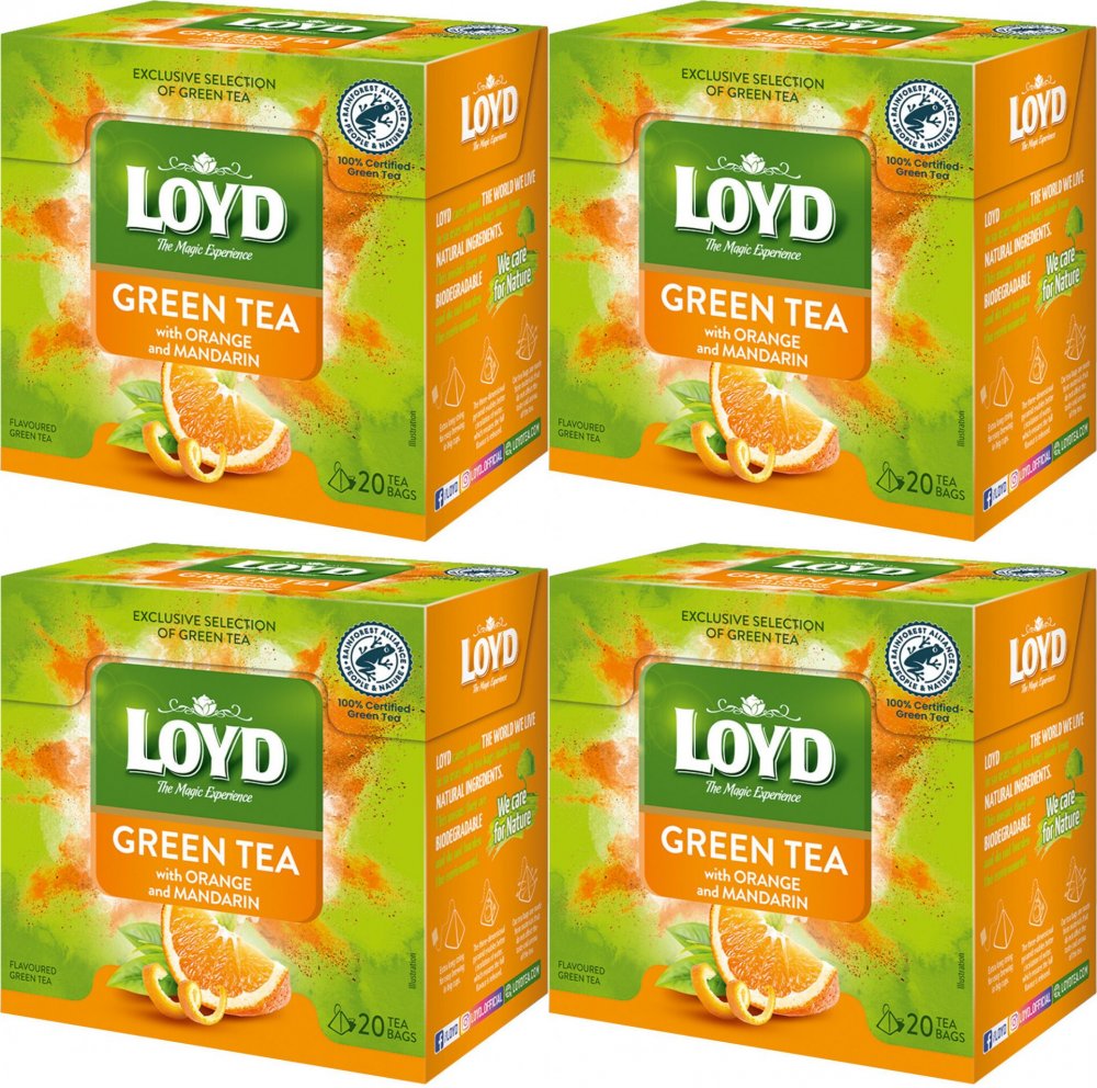 4x Herbata zielona smakowa w piramidkach Loyd, pomarańcza/mandarynka, 20 sztuk x 1.5g