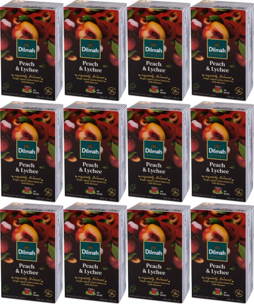 12x Herbata czarna w torebkach Dilmah Peach & Lychee, brzoskwinia i liczi, 20 sztuk x 1.5g