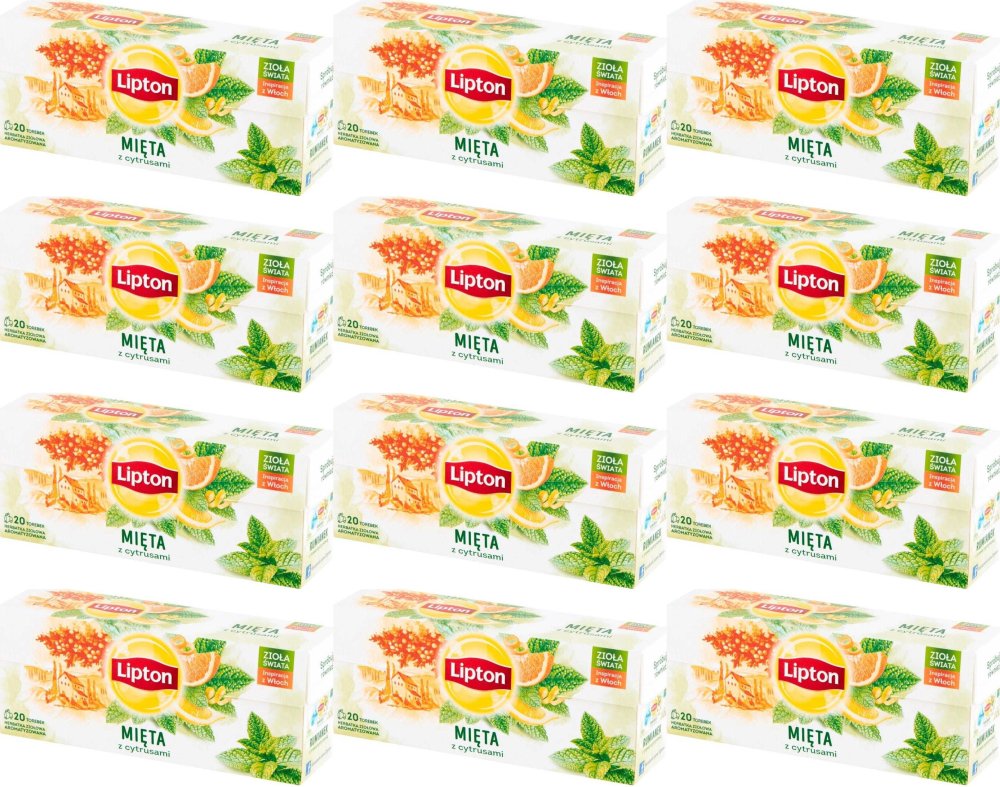 12x Herbata ziołowa w torebkach Lipton, mięta z cytrusami, 20 sztuk x 1.3g