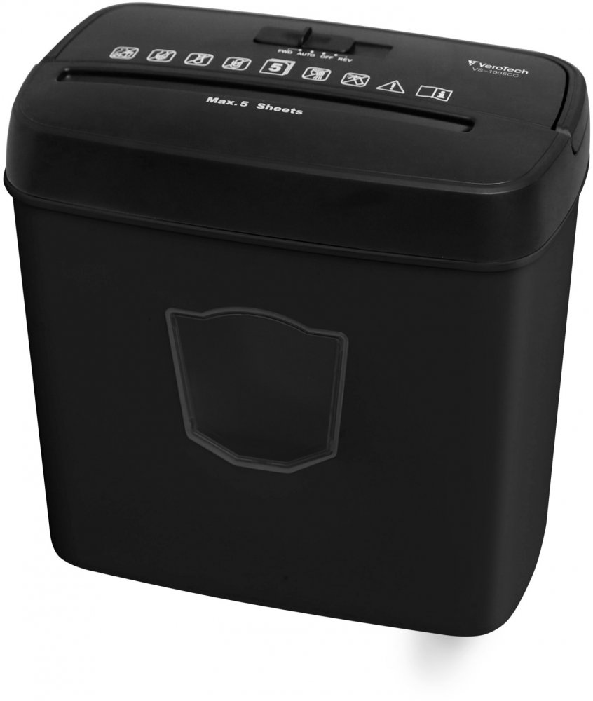 Niszczarka do papieru VeroTech VS-1005CC, ścinek 4x35mm, 5 kartek, P-4/T-4/E-3/F-1 DIN, czarny