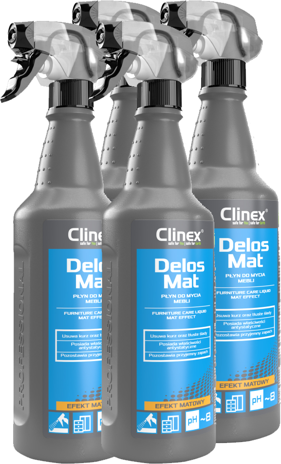 4x Płyn do czyszczenia mebli Clinex Delos Mat, z rozpylaczem, 1l