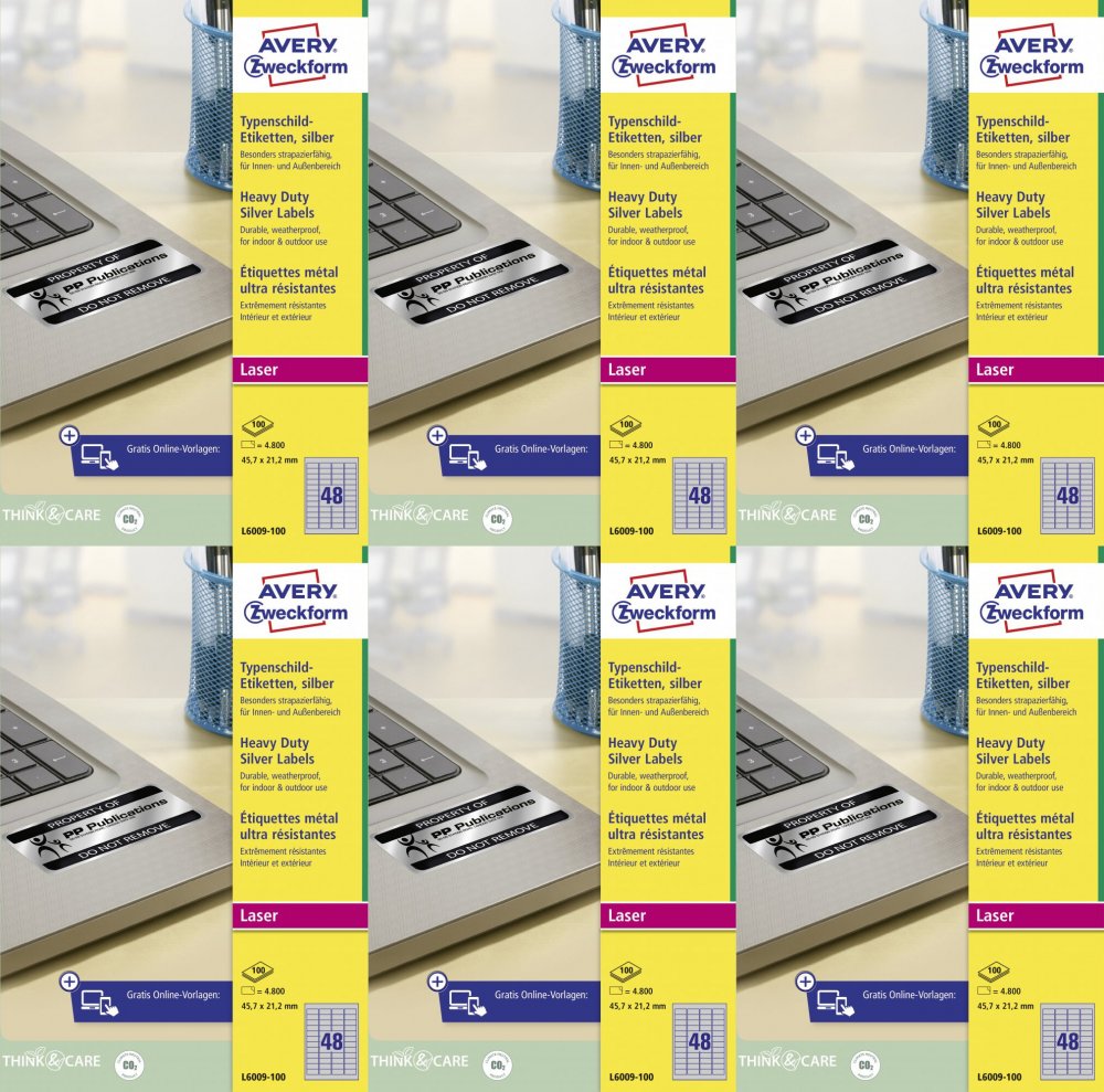 6x Etykiety znamionowe Avery Zweckform Heavy Duty, A4, 47.5x21.2mm, 100 arkuszy, srebrny