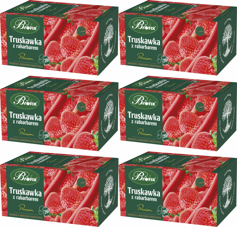 6x Herbata owocowa w kopertach BiFix Premium, truskawka z rabarbarem, 20 sztuk x 2g