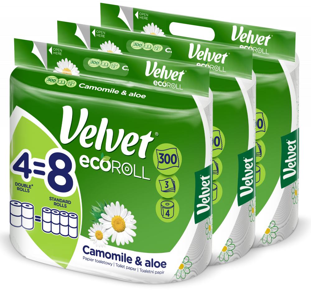 3x Papier toaletowy Velvet EcoRoll, rumiankowy, 3-warstwowy, 4 rolki, biały