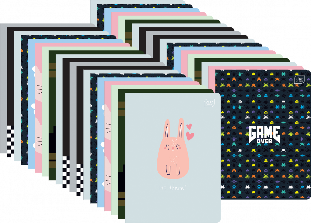 80x Zeszyt w kratkę Interdruk, A5, miękka oprawa, 16 kartek, mix wzorów