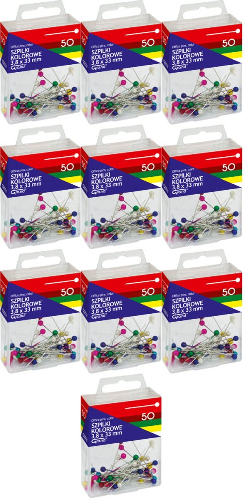 10x Szpilki Grand, w pudełku, 3.8x33mm, 50 sztuk, mix kolorów