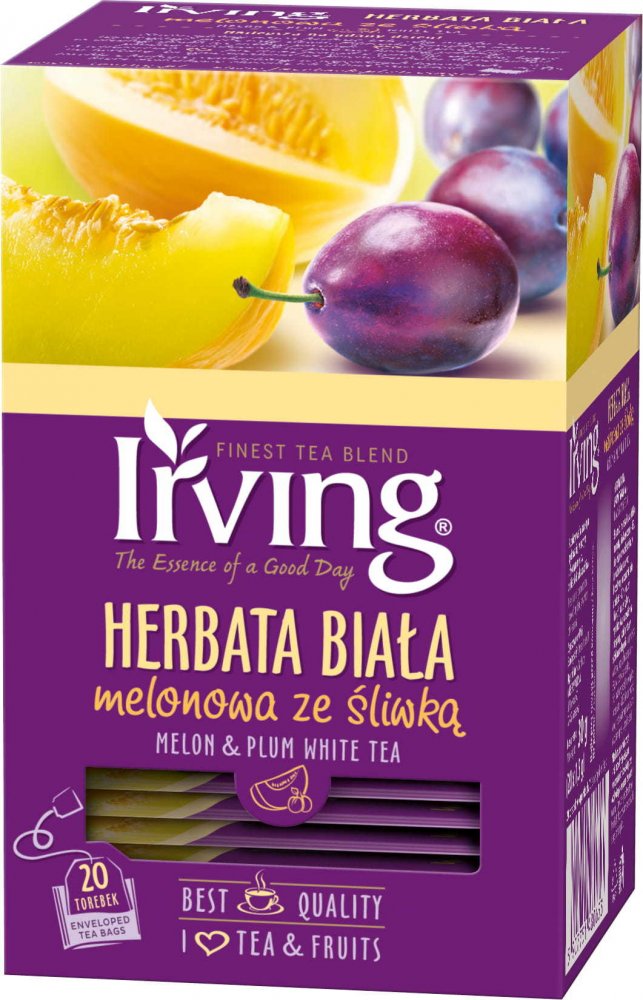 Herbata biała smakowa w kopertach Irving, melonowa ze śliwką, 20 sztuk x 1.5g
