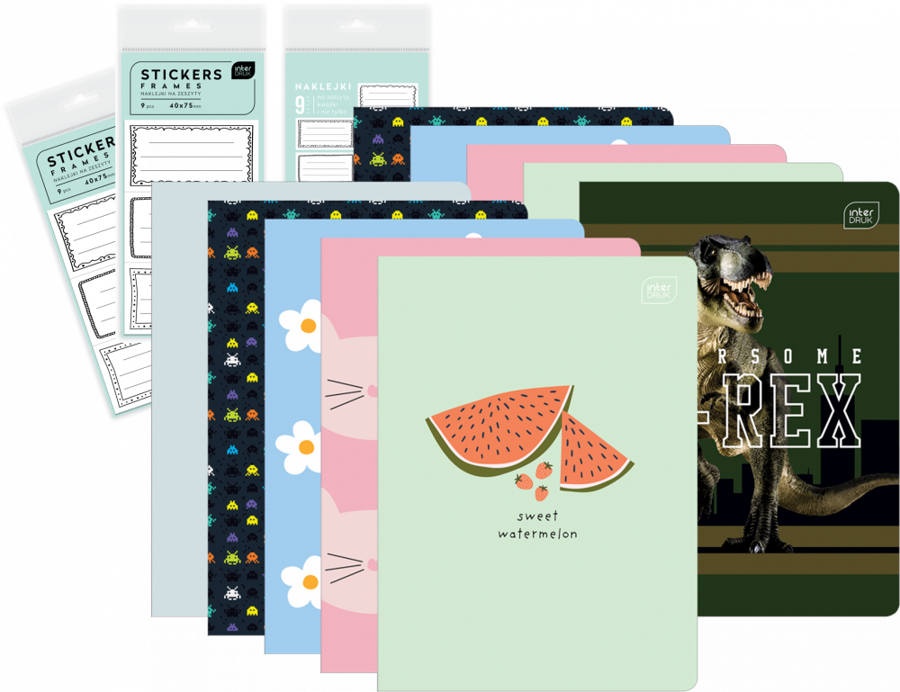 Zestaw: 10x Zeszyt w kratkę Interdruk, A5, miękka oprawa, 16 kartek, mix wzorów + 2x Naklejki na zeszyty Interdruk Ramki, 40x75mm, 9 sztuk, biało-