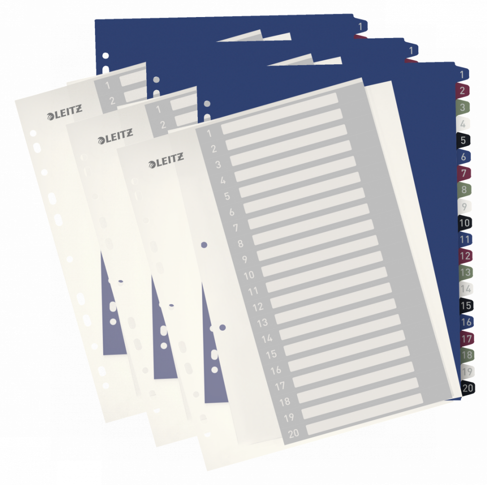 3x Przekładki do segregatora Leitz Style, plastikowe, numeryczne, do zadruku, A4+, 1-20 kart