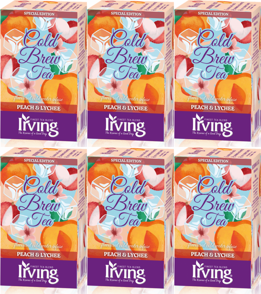 6x Herbata owocowo-ziołowa w kopertach Irving Cold Brew Tea, na zimno, brzoskwinia i liczi, 20 sztuk x 1.8g