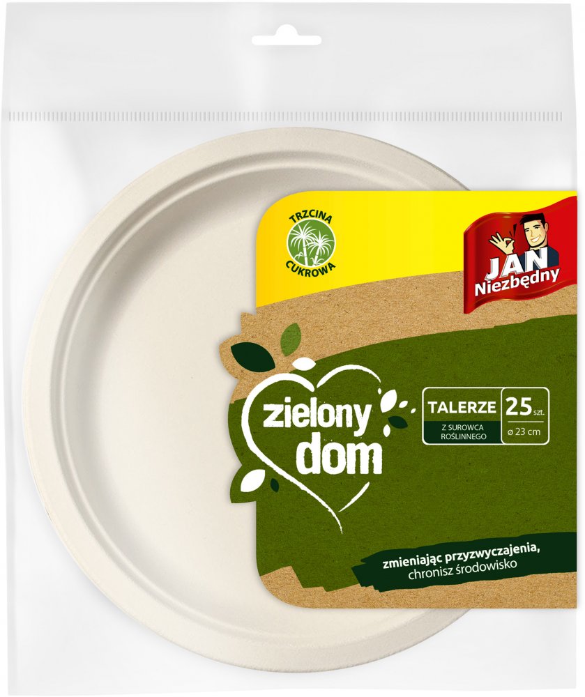 Talerze jednorazowe Jan Niezbędny Zielony Dom, 23cm, trzcina cukrowa, 25 sztuk, biały