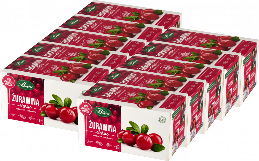 10x Herbata owocowa w torebkach BiFix Classic, żurawina, 20 sztuk x 2.5g