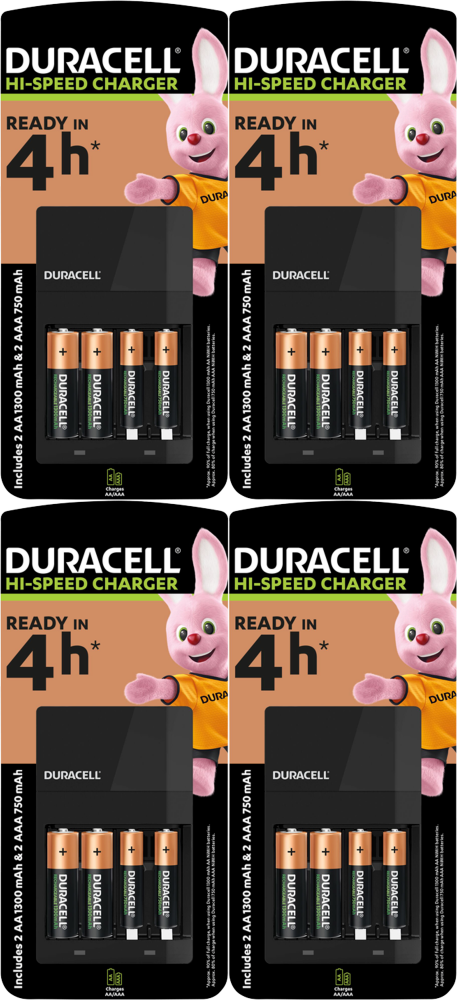 4x Ładowarka Duracell Hi-Speed Charger CEF14 + 2 AA R6 + 2 AAA, 4 kanały, czarny