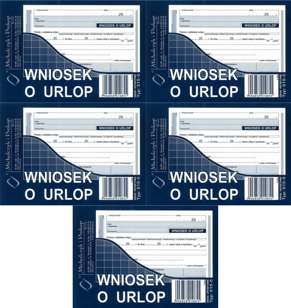 5x Druk akcydensowy Wniosek o urlop MiP 515-5, A6, offsetowy, 40k