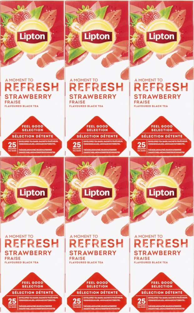 6x Herbata czarna aromatyzowana w kopertach Lipton Refresh Strawberry, truskawka, 25 sztuk x 1.6g