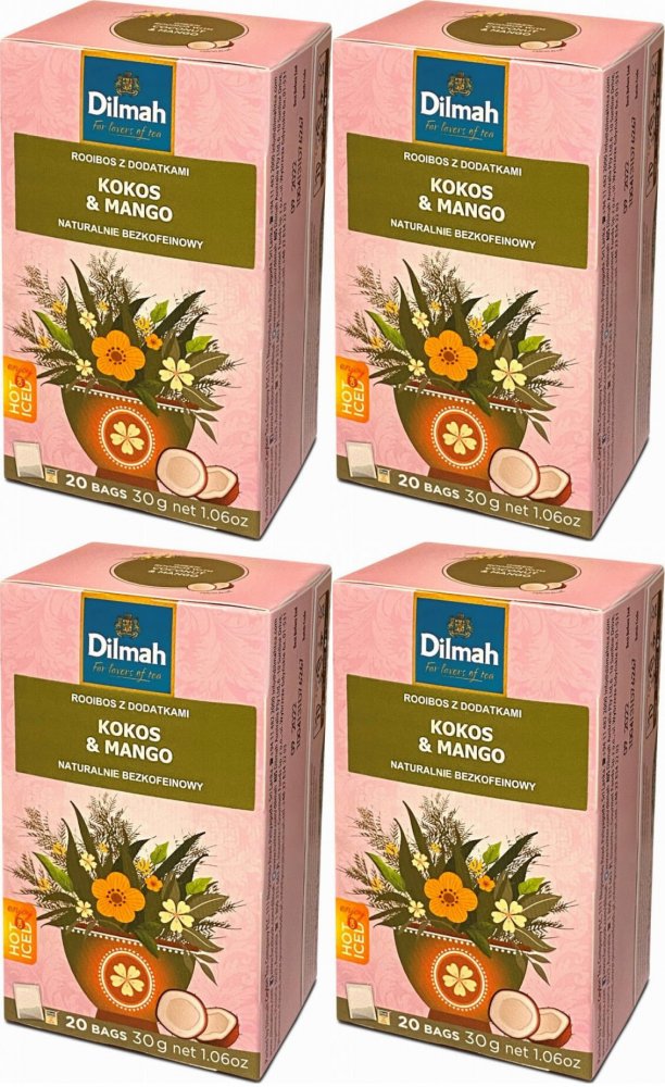 4x Herbata Rooibos w torebkach Dilmah Coconut & Mango, kokos i mango, 20 sztuk x 1.5g