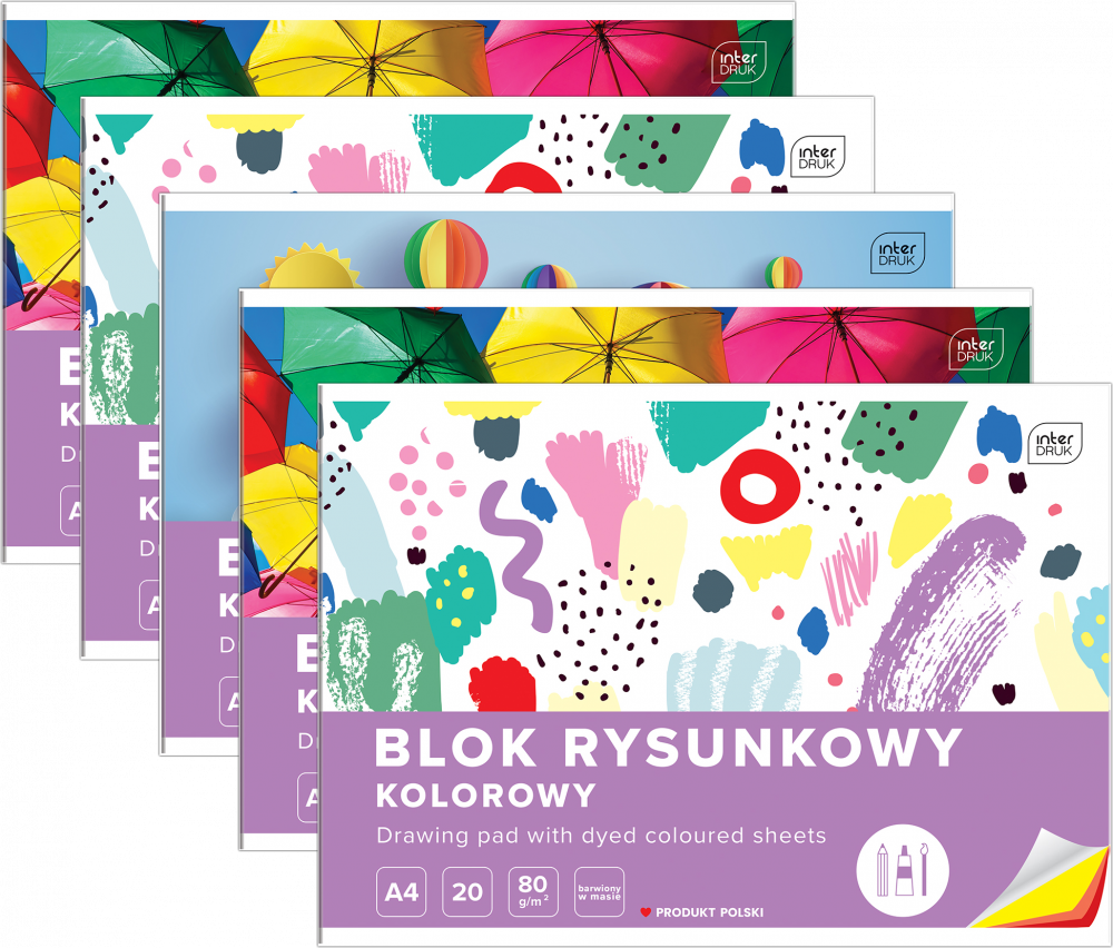 5x Blok rysunkowy Interdruk, A4, 20 kartek, kolorowy