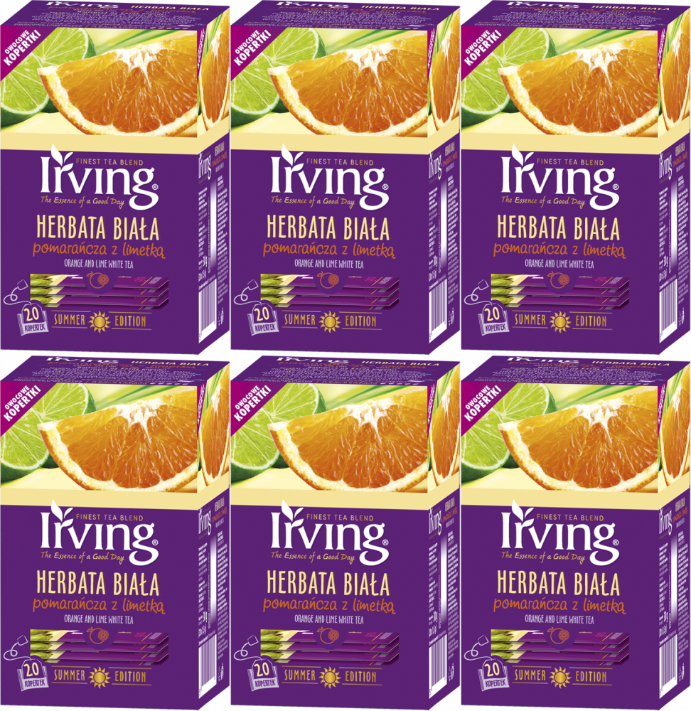 6x Herbata biała smakowa w kopertach Irving, pomarańcza z limetką, 20 sztuk x 1.5g