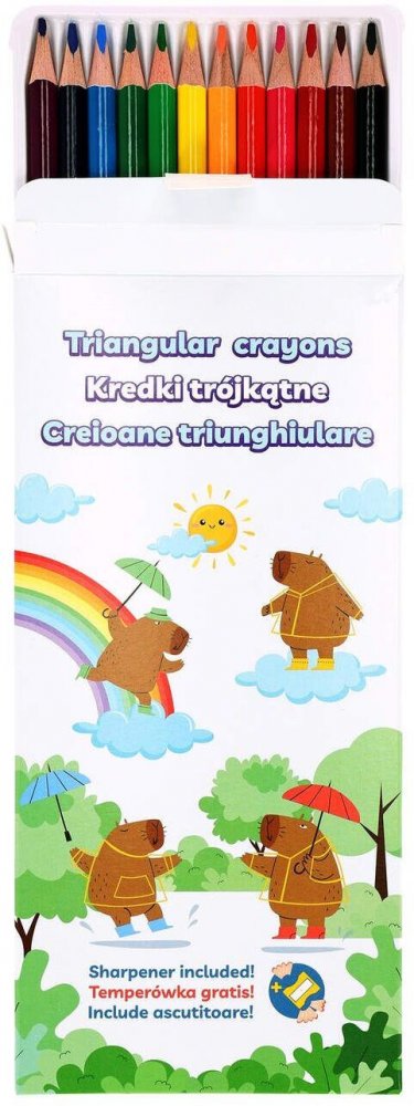 Kredki ołówkowe Strigo Capybara, trójkątne, 12 sztuk, mix kolorów + temperówka