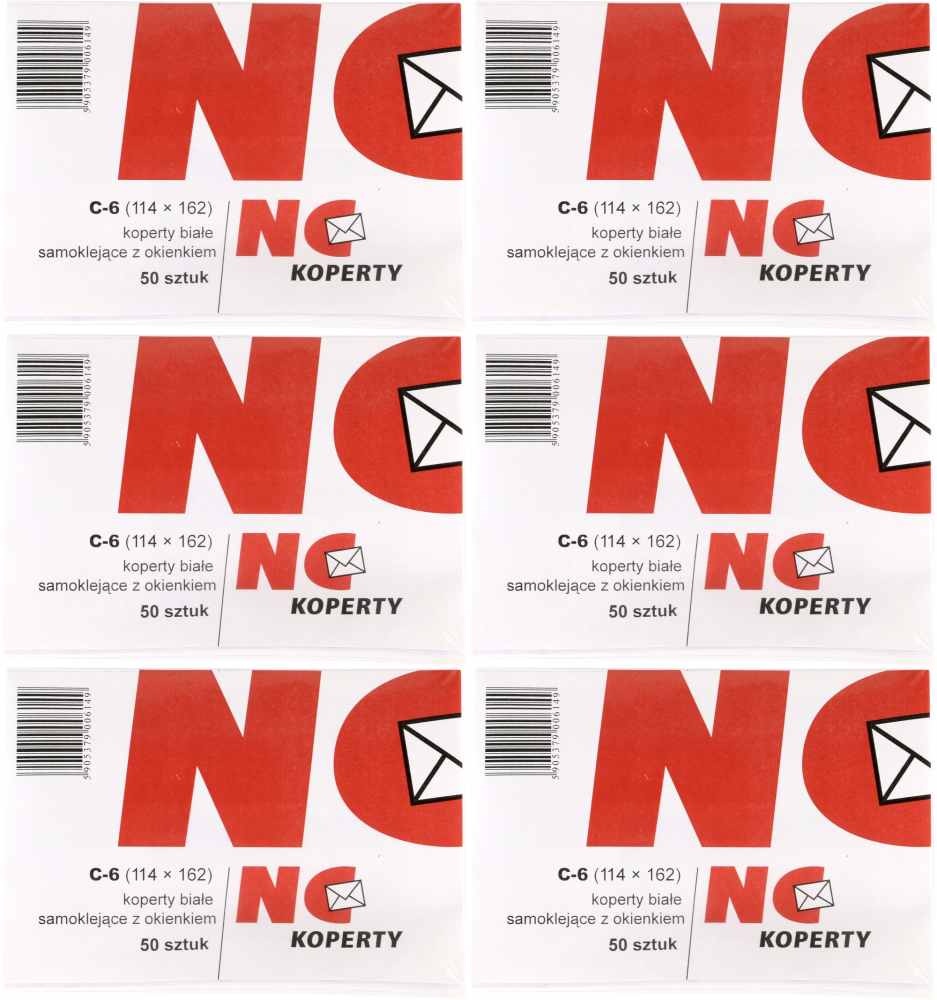 6x Koperta standardowa NC, C6, samoklejąca SK, okno prawe, 50 sztuk, biały