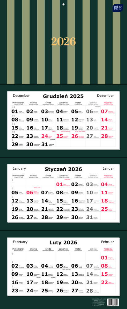 Kalendarz ścienny 2026, Interdruk, trójdzielny, 34x82.5cm, Paski