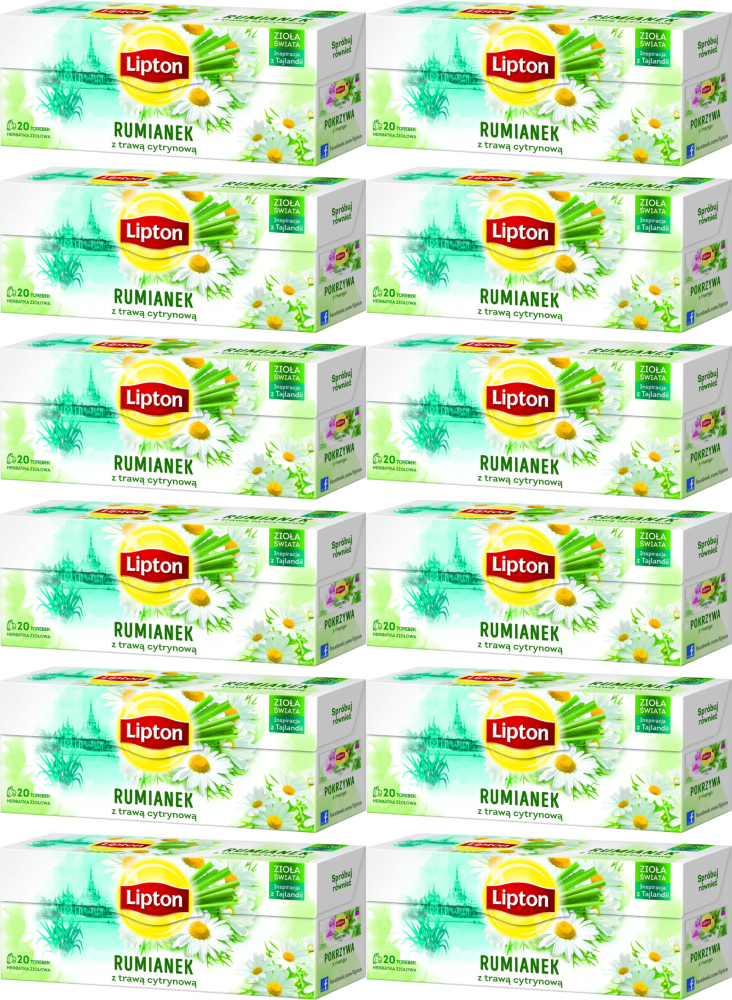 12x Herbata ziołowa w torebkach Lipton, rumianek z trawą cytrynową, 20 sztuk x 1.3g