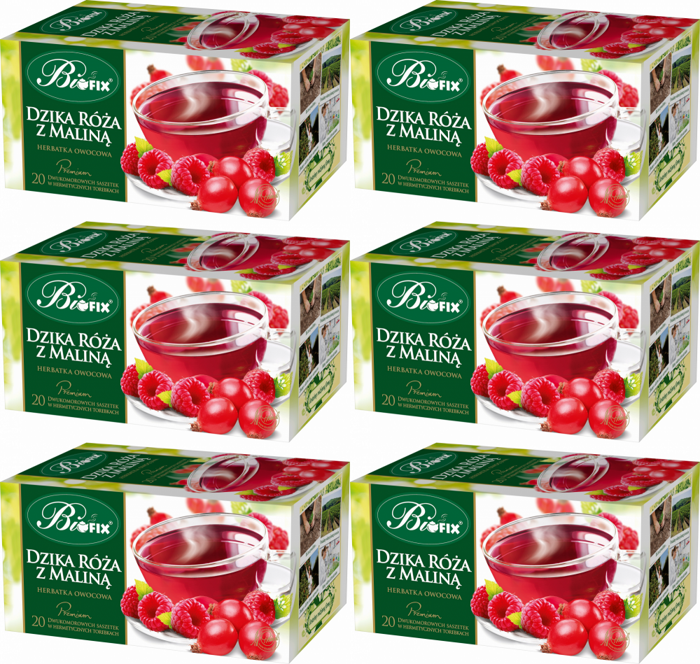 6x Herbata owocowa w kopertach BiFix Premium, dzika róża z maliną, 20 sztuk x 2g