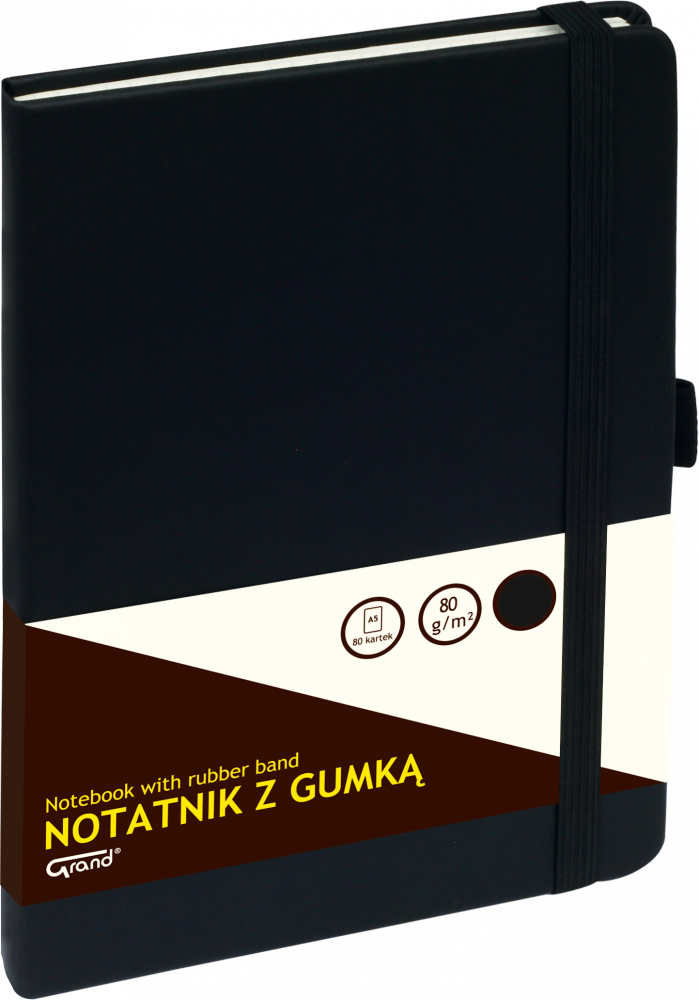 Notatnik w kratkę Grand, z gumką, A5, twarda oprawa, 80 kartek, czarny