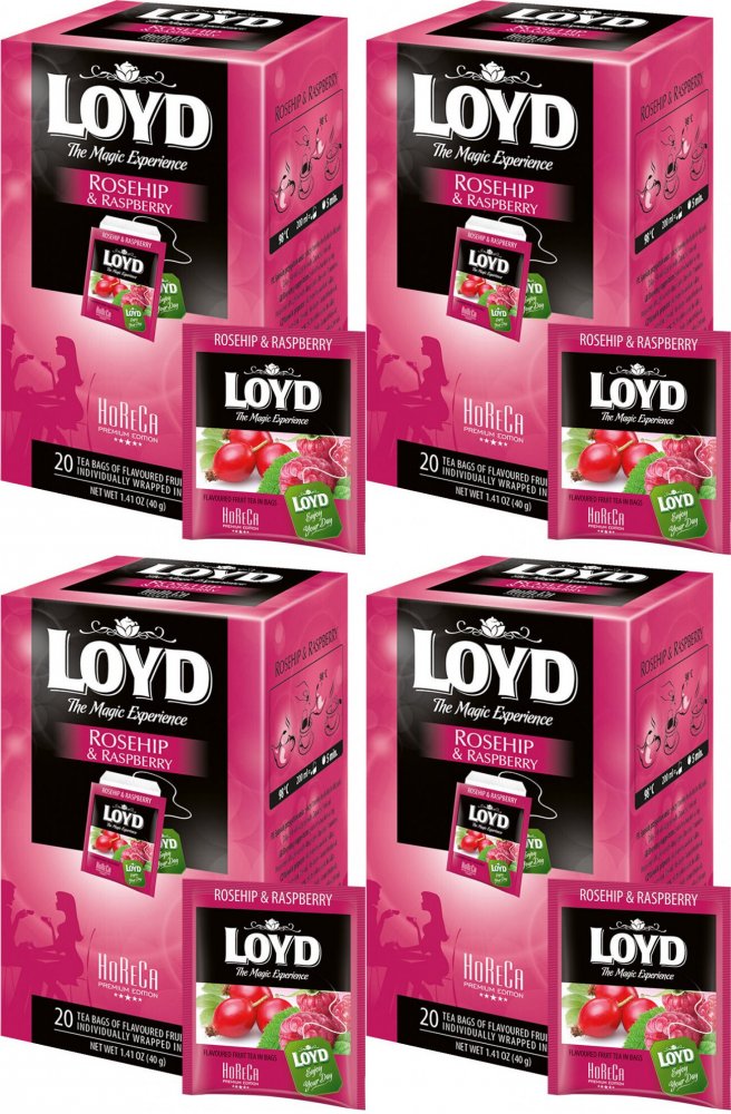 4x Herbata owocowa w kopertach Loyd Horeca Premium, dzika róża i malina, 20 sztuk x 2g